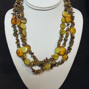 Triple Strand Gold Tone Tigers Eye And Glass Beaded Necklace (3743)